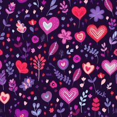 Folk Art Floral and Heart Seamless Pattern