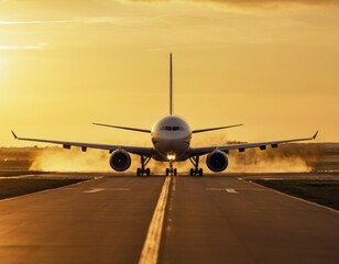 Obraz premium An airplane is currently taking off from an airport runway during sunset