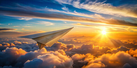 Naklejka premium A paper airplane glides gracefully through a vibrant sky filled with clouds at sunset. The warm colors illuminate the scene, creating a breathtaking view