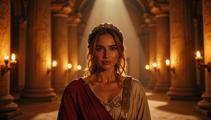 Naklejka premium Intense queen gazing in ancient chamber at night, regal strength