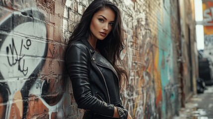 Naklejka premium Woman In Leather Jacket Leaning Against Graffiti Wall
