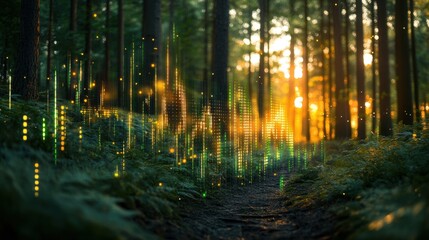 Obraz premium Forest Pathway Illuminated by Vibrant Sound Wave Visualization