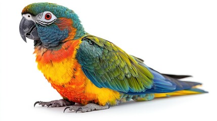 Colorful parrot perched gracefully, showcasing vibrant feathers against a white background