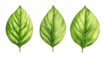 Fototapeta premium Three Green Leaves on White Background for Natural Design Elements