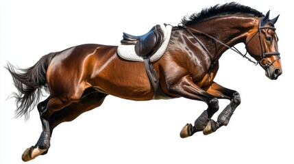Fototapeta premium Athletic Brown Horse in Mid-Jump with Saddle and Bridle Display