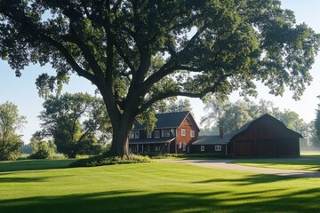 Obraz premium Sunlight filters through a large oak tree illuminating a picturesque farmhouse on a serene rural landscape in the early morning hours