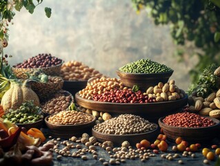 Assortment of legumes and nuts in bowls.
