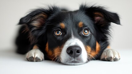 Close-up of a relaxed dog resting on a soft surface, showcasing its expressive eyes and fur texture