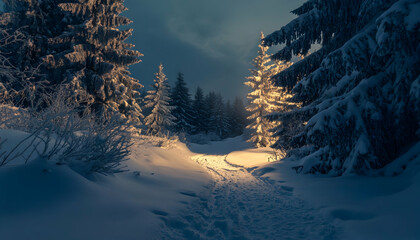 Winter night landscape with snowy forest and fir branches