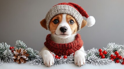 Adorable puppy in festive attire with a holiday hat and sweater, surrounded by winter decorations