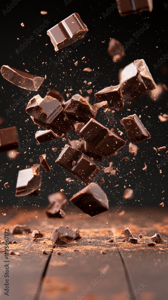 Aufkleber Many dark chocolate chunks are exploding over a wooden table, creating a visually appealing scene with cocoa powder spreading around, ideal for food and beverage advertising