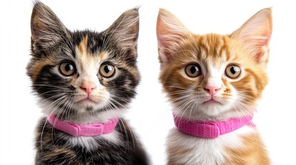 Two adorable kittens with distinct fur patterns and collars, posing against a white background