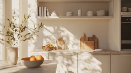 Bright kitchen interior featuring wooden accents, fresh fruit, and soft shadows, creating a serene and warm atmosphere.