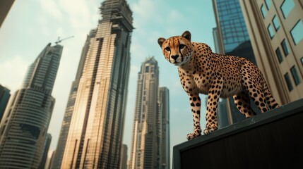 A cheetah stands majestically on a rooftop ledge amidst towering skyscrapers, creating a striking blend of nature and urban jungle.