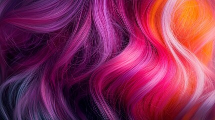 Fototapeta premium Close-up of vibrant multicolored hair, showcasing a stunning blend of purple, pink, and orange hues in silky strands.