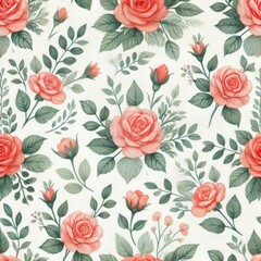 Seamless pattern of red roses with green leaves on white background, elegant floral design, concept of wedding stationery, textile, gift wrapping