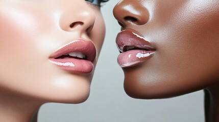 Obraz premium Close-up image highlighting the glossy lips and smooth skin tones of two women, showcasing beauty and diversity.