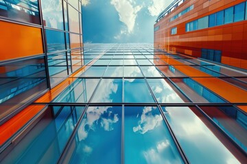 Fototapeta na wymiar Architectural detail of a modern glass skyscraper reflecting blue sky and clouds