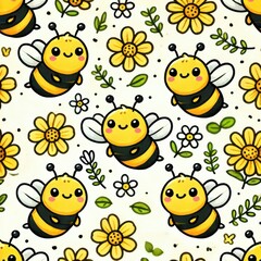 Obraz premium cute cartoon bees with smiling faces surrounded by yellow flowers and green leaves on a white background pattern of children’s clothing, stationery design, and nursery decor