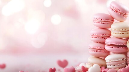 Pink and white macarons tower, horizontal, perfect for Valentine's Day, wedding desserts, pastry shops and romantic celebrations