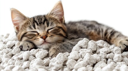A cute tabby kitten peacefully sleeping on a pile of soft, white bedding, creating a cozy atmosphere