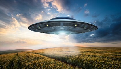 ufo an alien saucer hovering above the field in the clouds hovering motionless in the sky unidentified flying object alien invasion extraterrestrial life space travel spaceship mixed media