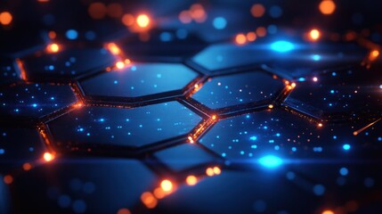 Abstract futuristic background featuring glowing hexagonal patterns and vibrant light effects