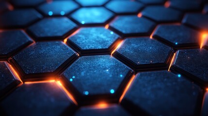 Futuristic hexagonal surface with glowing edges and intricate patterns, creating a dynamic digital atmosphere