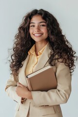 Obraz premium Young businesswoman in a beige suit smiles warmly while holding a book, conveying professionalism and positivity.