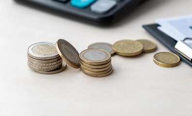Euro coins stacked in different positions. Currency of the European Union.