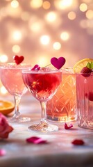 Obraz premium Elegant pink cocktails adorned with heart-shaped decorations, perfect for special occasions like Valentine's Day or romantic celebrations.