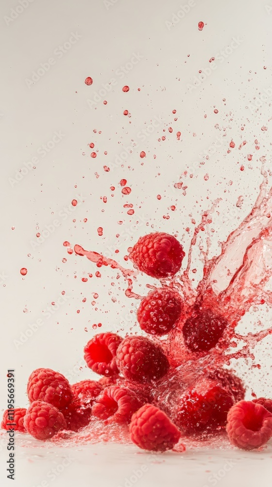 Poster Fresh, ripe raspberries are cascading down, creating a vibrant splash of raspberry juice and droplets against a clean, bright background, evoking a sense of freshness and summer flavors