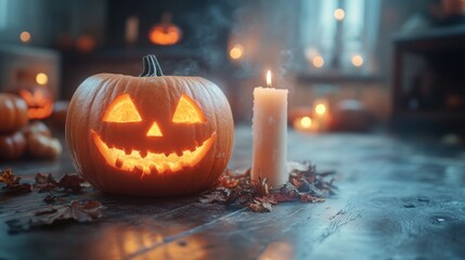 Spooky Halloween Pumpkin with Candle Displaying a Joyful Face Surrounded by Autumn Leaves and Soft Candlelight in a Mysterious Room