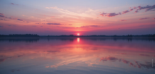 Fototapeta premium Vibrant colors fill the sky as the sun sets over a tranquil lake, creating a stunning reflection on the calm water while clouds drift peacefully