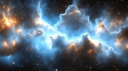 Fototapeta premium Cosmic Nebula: Serene Blue and Gold Celestial Cloudscape