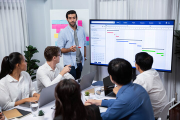 Project manager communicate and collaborate with team using project management software display on monitor, tracking progress of project task and making schedule plan at meeting table. Prudent
