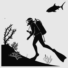  diver under coral silhouette vector design art and illustration
