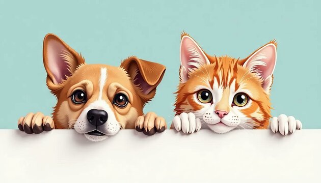 Cute Dog and Cat Peeking, Pet Illustration, Adorable Animals