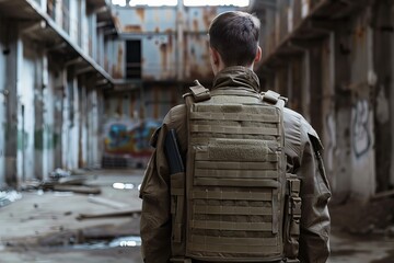 Obraz premium Soldier wearing bulletproof vest is standing with his back to the camera in an abandoned building