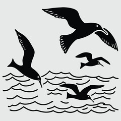 seabirds diving into the ocean silhouette vector design art and illustration