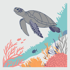turtle swimming over coral bed viewed vector image art and illustration