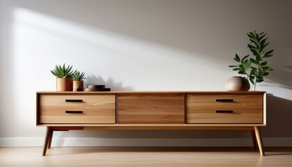 wooden dresser in modern minimalist style with space for text or design