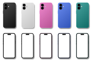 Mockup of a phone screen and back side with shadows. Advertising on a smartphone display. Device front view. 3D mobile phone cases. Cell phone. Black, white, pink, green and blue phones