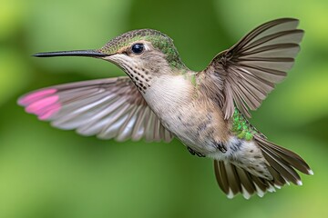 Obraz premium A close-up of a hummingbird in flight, showcasing its vibrant feathers and delicate wings.