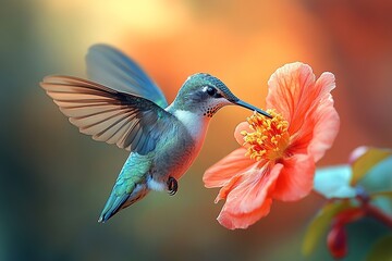 Fototapeta premium A hummingbird hovering near a vibrant flower, showcasing nature's beauty and pollination.