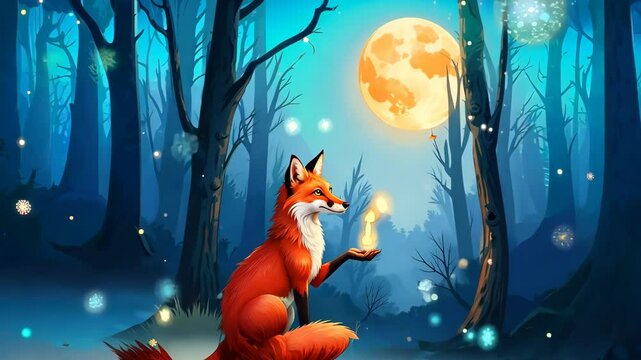 A fabulous fox holds fire in its paws. mysterious forest. illustration