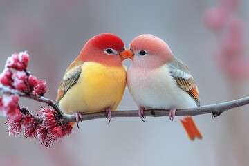 Fototapeta premium Two colorful birds sharing a tender moment on a branch adorned with blossoms.