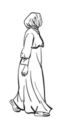 Muslim woman in long dress and head covered with headscarf walking, View from side, isolated, Hand drawn illustration, Vector sketch