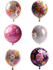 Set of six floral printed colorful balloons isolated on transparent background 