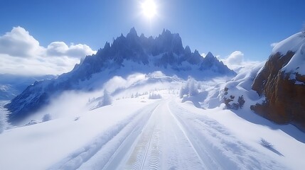 Snowy Mountain Road: Serene Winter Landscape
